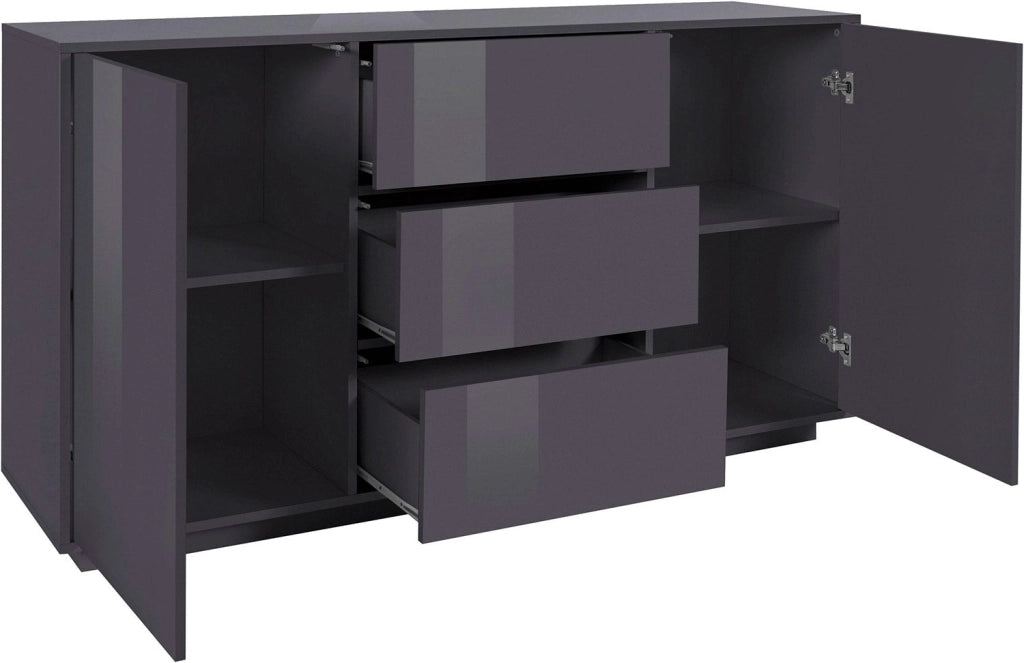 Credenza 2 Ante + 3 Cassetti 160x41,4x86 cm Bloom Grigio Antracite Laccato Lucido