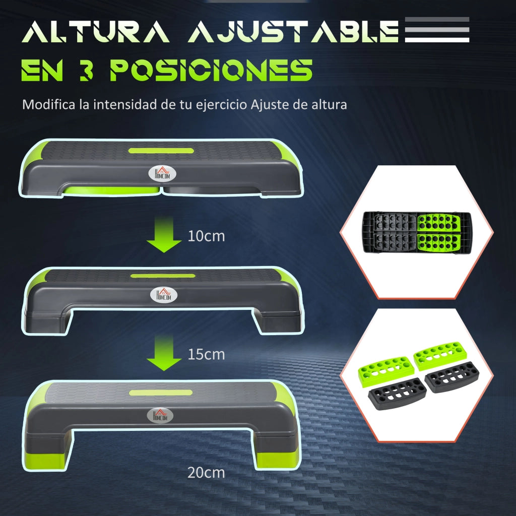 Pedana Step Fitness Regolabile ¨C Xylo ¨C 3 Altezze 10/15/20cm Capacit¨¤ 150kg 78x28cm Grigio Verde