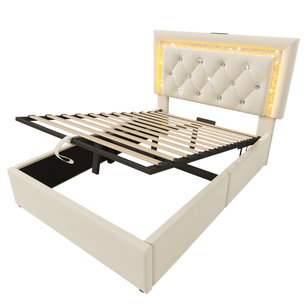 Letto singolo 90x200 cm in velluto beige con LED integrato; USB e Type-C; contenitore