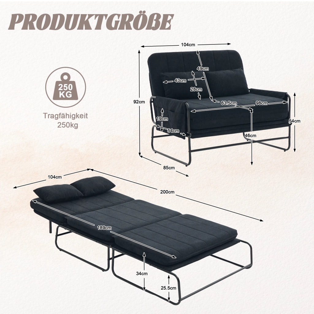 Divano letto 2 posti ¨C Minimal ¨C nero tessuto metallo con contenitore