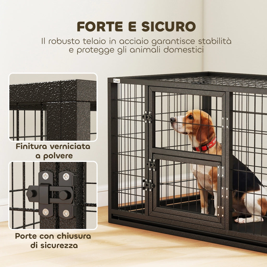 Gabbia per Cani Robusta 94x60x64 cm con Vassoio Rimovibile e Doppia Porta in Acciaio e Plastica Nero
