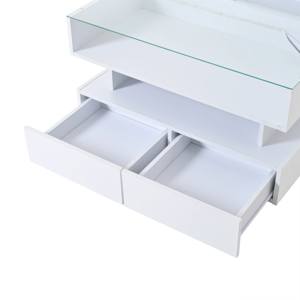 Tavolino da caffè 80x80x45 cm; sollevabile con LED e 2 cassetti; pannello truciolare e vetro temperato bianco