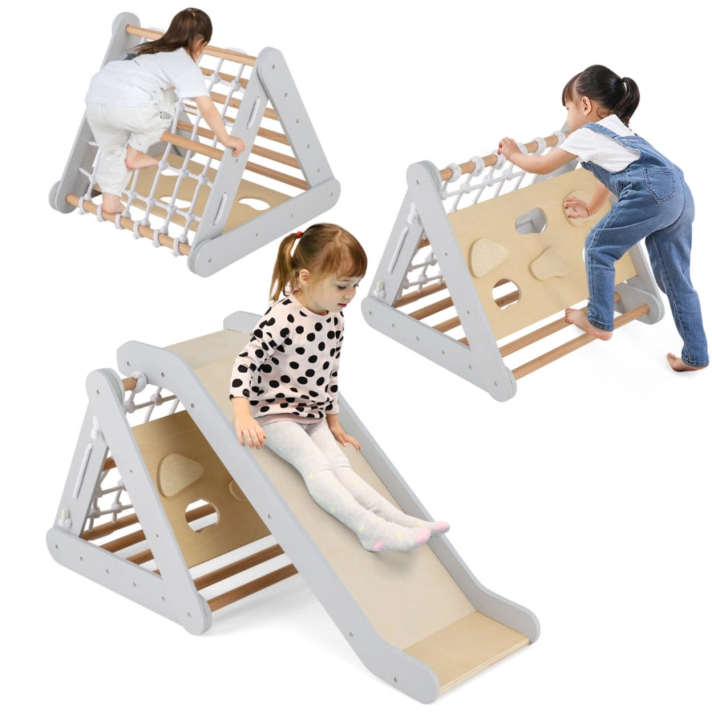 Arrampicata in legno per bambini 4-in-1 con scivolo, Arrampicata a triangolo per interni con rete Grigio-Arrampicate e scivoli