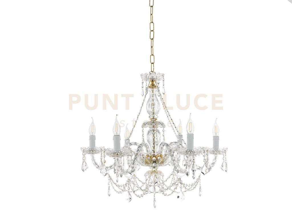 LAMPADARIO OPERA 6 LUCI TRASPARENTE E ORO ATTACCO E14 VETRO E CRISTALLO D.72cm