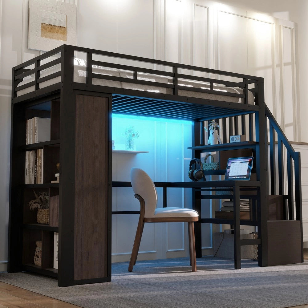Letto a Soppalco con Scrivania e LED ¨C Xylo ¨C Struttura Metallo Nero 90x200