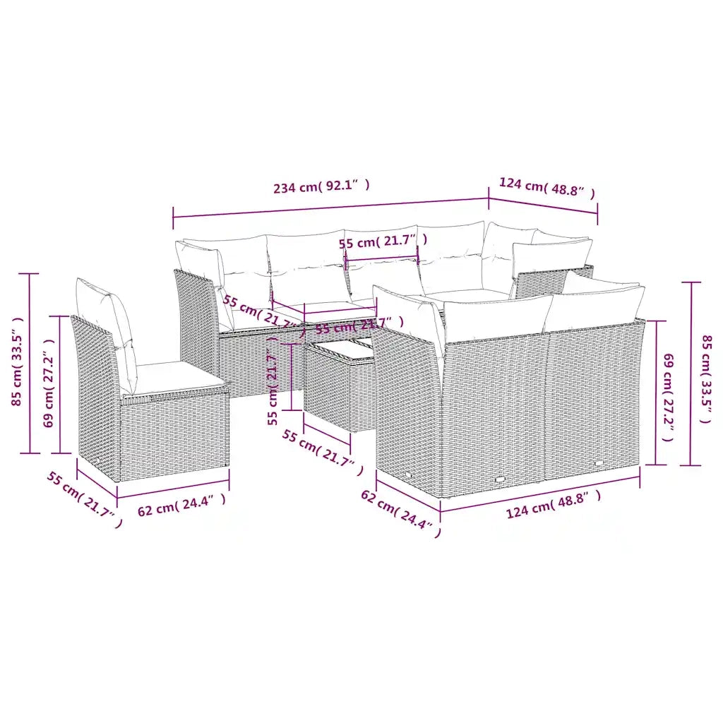 Set Divani da Giardino 9pz con Cuscini Marrone in Polyrattan 3249782