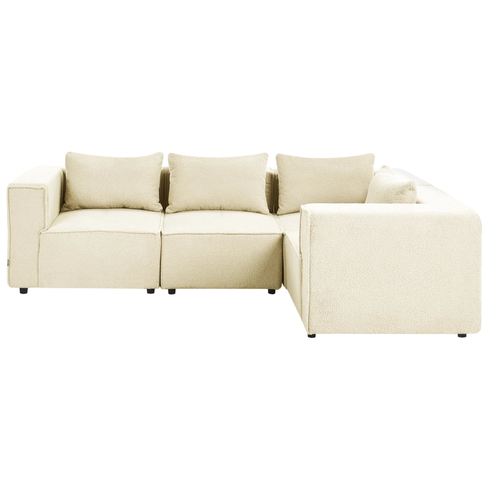 Divano a 4 posti in tessuto bouclè modulare bianco sporco lato sinistro stile minimale moderno