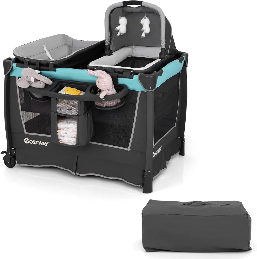 Lettino da Campeggio Pieghevole 5 in 1, Box Bambini con Culla Removibile, Fasciatoio, Materasso, Ripiano Portaoggetti, Ruote Bloccabili, per Bambini 0-36 Mesi (Verde, 103 x 74 x 73 cm)