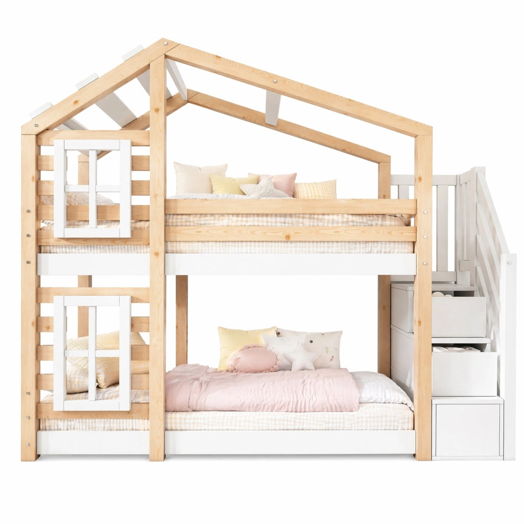 Letto a castello per bambini a tema casetta sull’albero 90x200 cm in legno massello e MDF, naturale e bianco