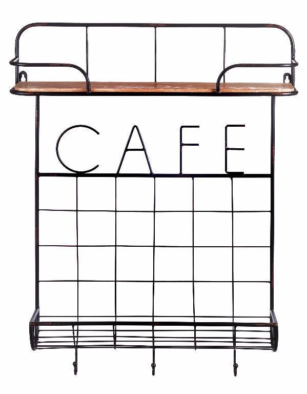 Mensola da parete cucina in ferro e legno 1 ripiani + 3 ganci 58 x 15 x 73 cm