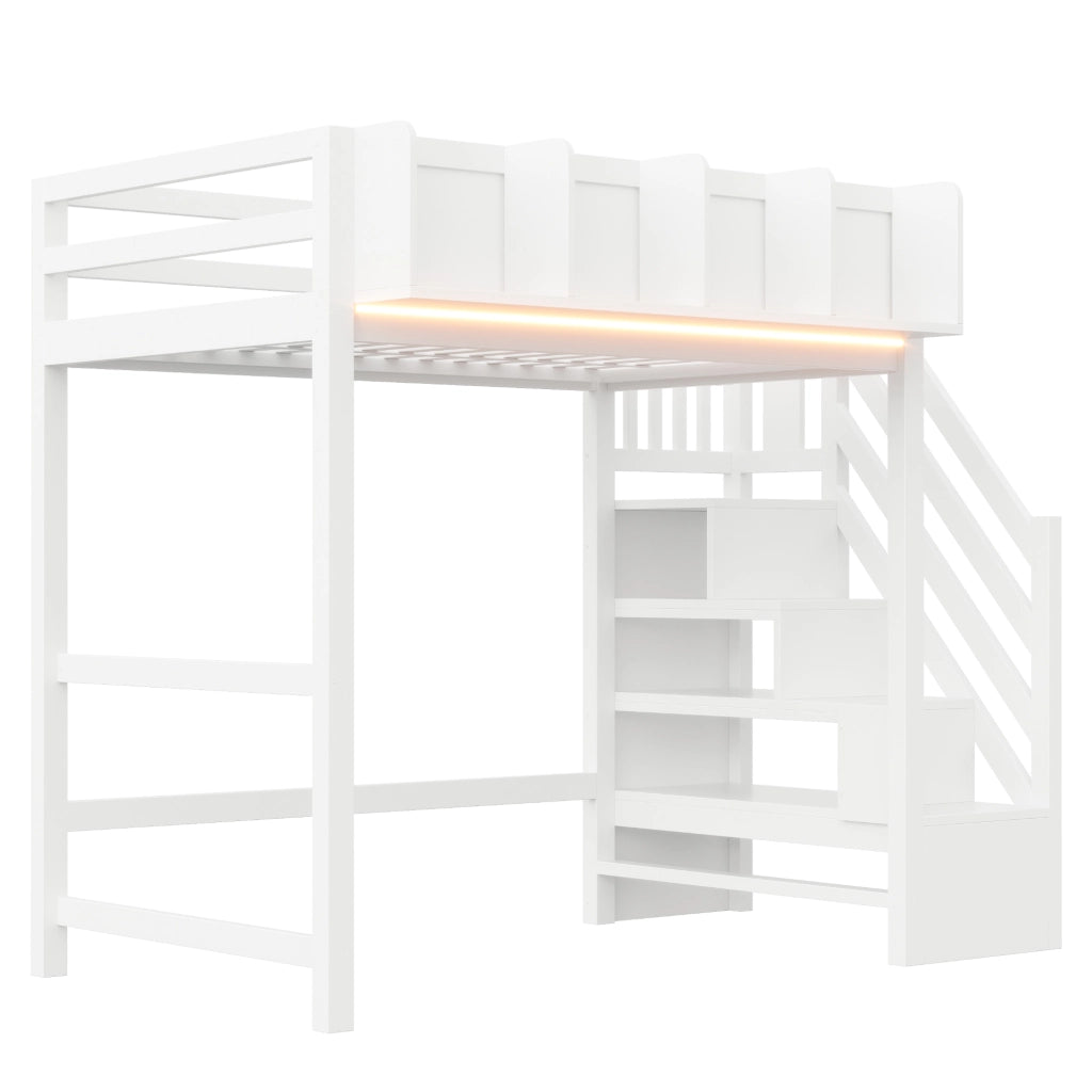 LETTO a soppalco 90x200 cm in legno bianco con LED, scala laterale e vani portaoggetti