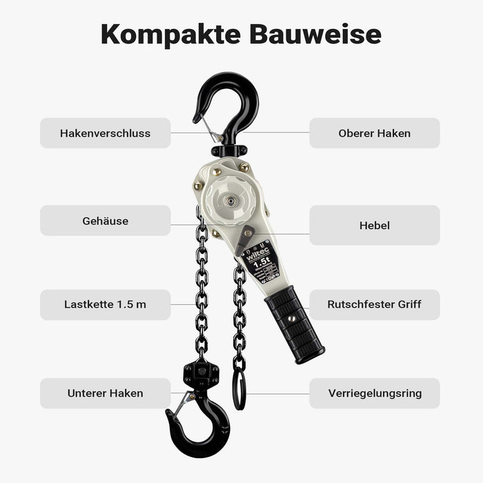 Paranco a leva 1,5 t x 1,5 m, paranco a catena compatto con impugnatura girevole a 360°, per lavori di sollevamento in spazi ristretti
