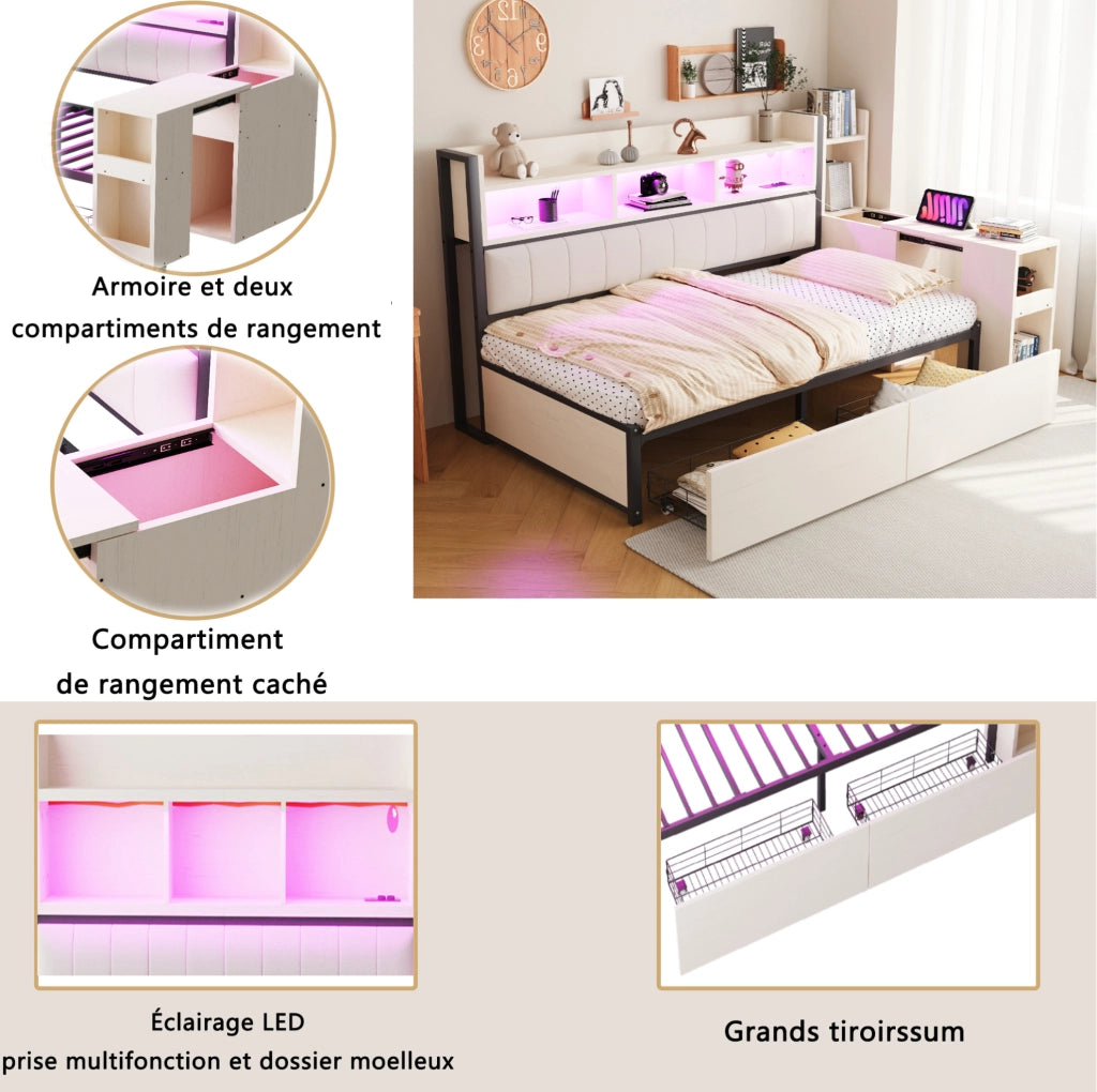 Letto singolo multifunzione 90x200 cm con scrivania mobile; contenitori e prese; bianco e legno