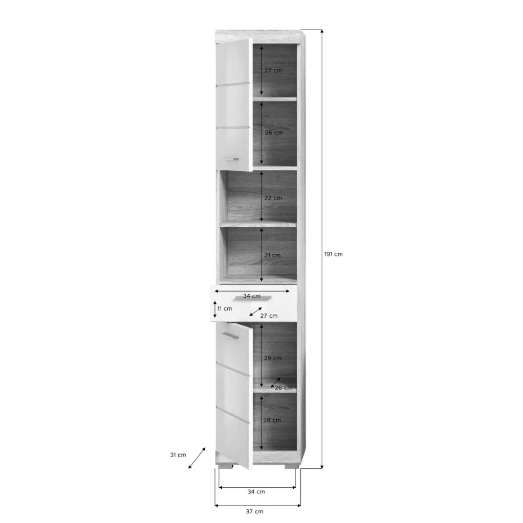 Set da bagno LEWOTO – 1 colonna, 1 mobile sotto lavabo, 1 armadietto con specchio – Bianco e rovere