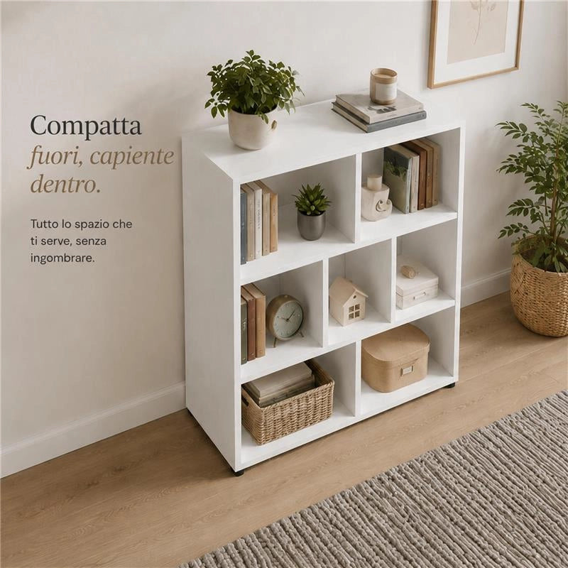 LIBRERIA MODERNA IN LEGNO BIANCO CON SETTE RIPIANI DIMENSIONI 90X30X106 CM