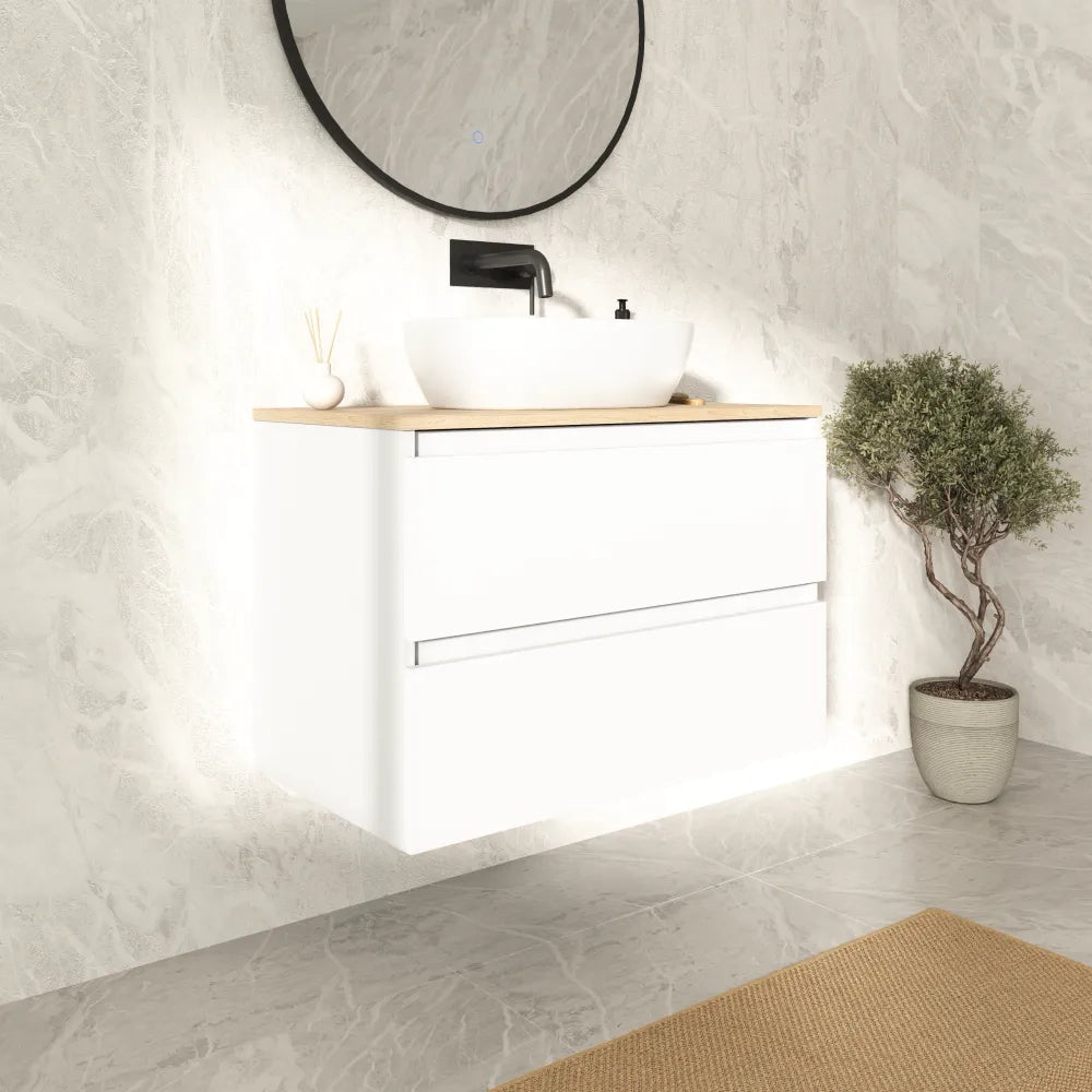 Mobile bagno sospeso 100cm due cassetti bianco opaco con top rovere chiaro | Hexa