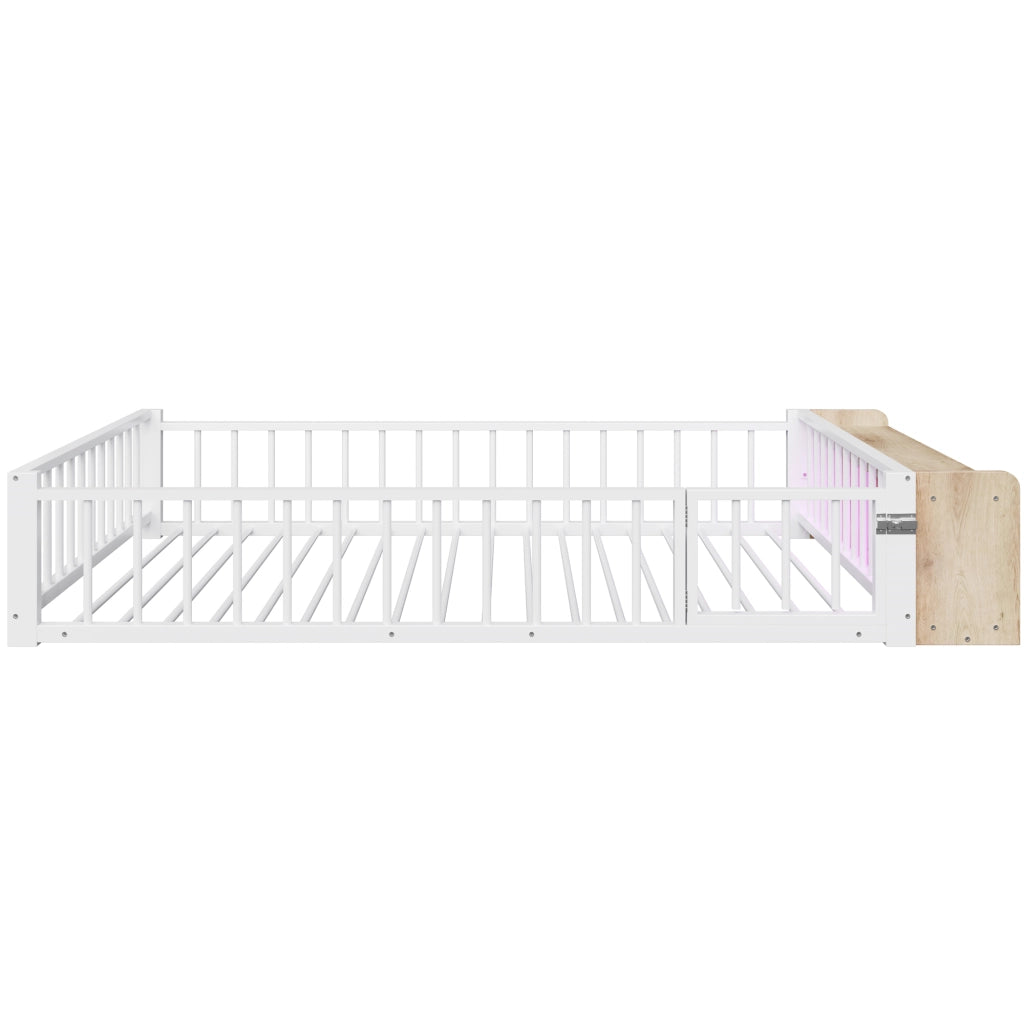 Letto singolo con protezione - Zephmum- 140x200 cm- Bianco- LED, cassetti