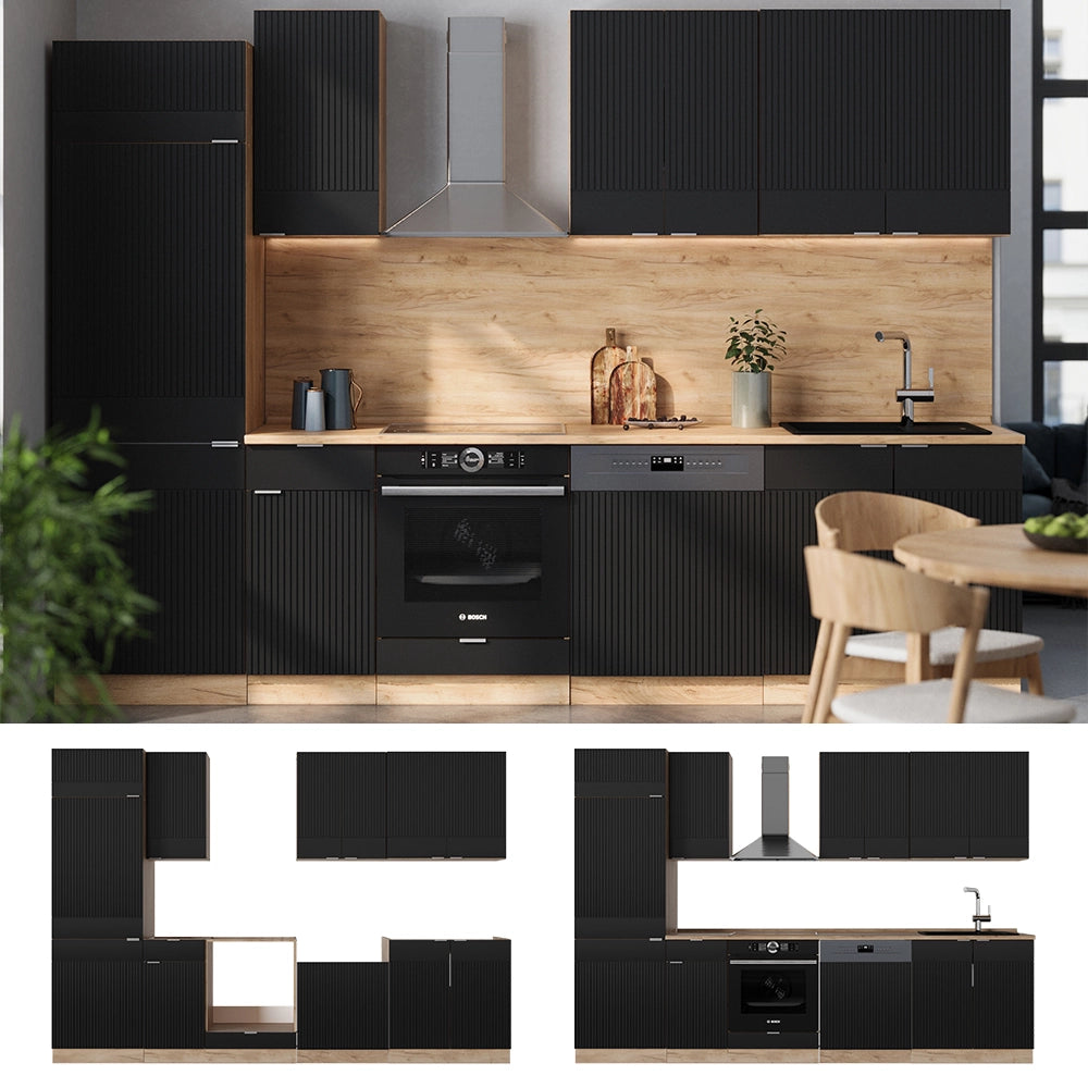 Cucina componibile Fame-Line Nero rigato/Rovere dorato 300 cm, PL Rovere Vicco