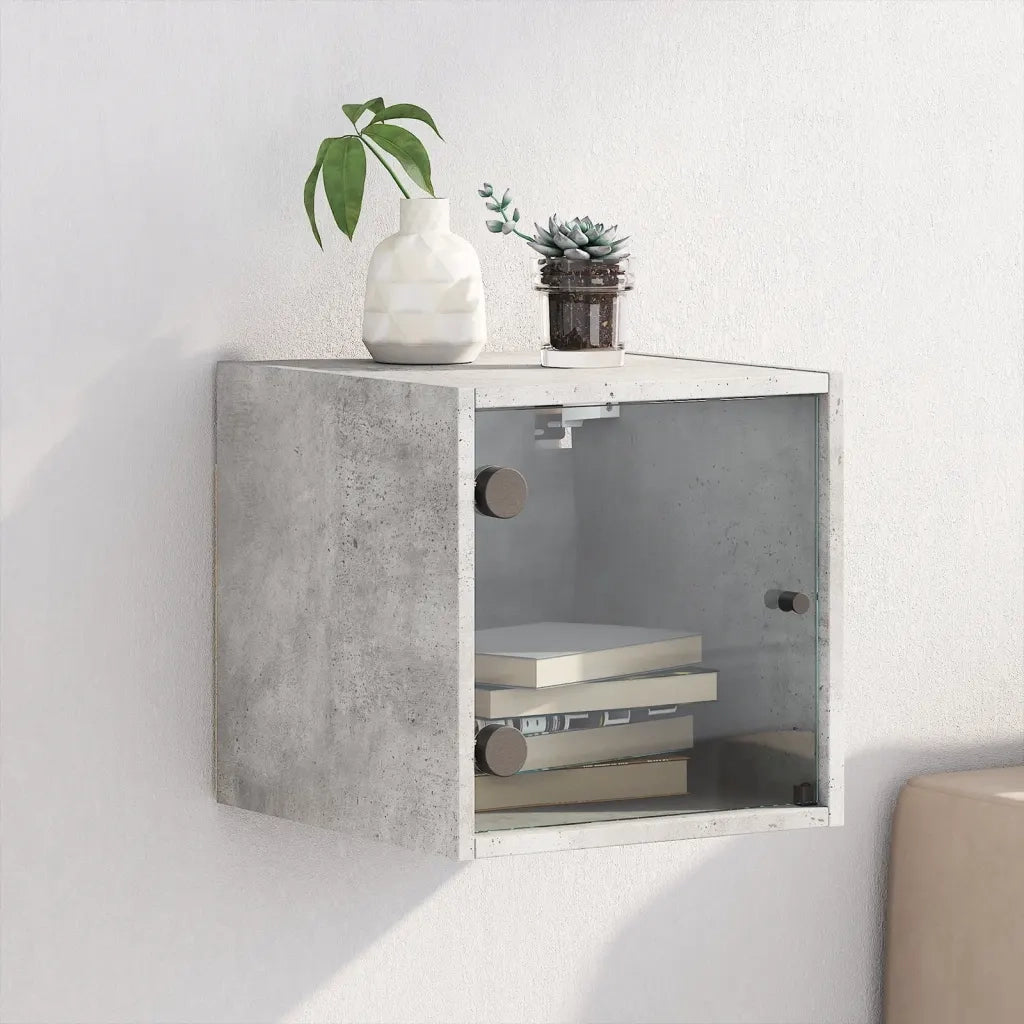 Comodino | Armadio da Notte | Mobiletto da notte con Anta in Vetro Grigio Cemento 35x37x35 cm