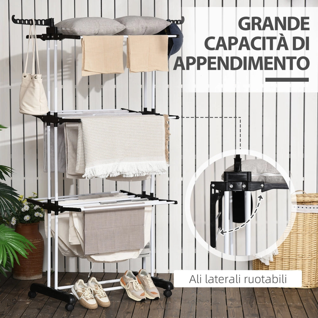 Stendibiancheria Pieghevole a 4 Livelli con Ali Girevoli e 4 Ruote 73x64x177 cm in Acciaio e PP Nero