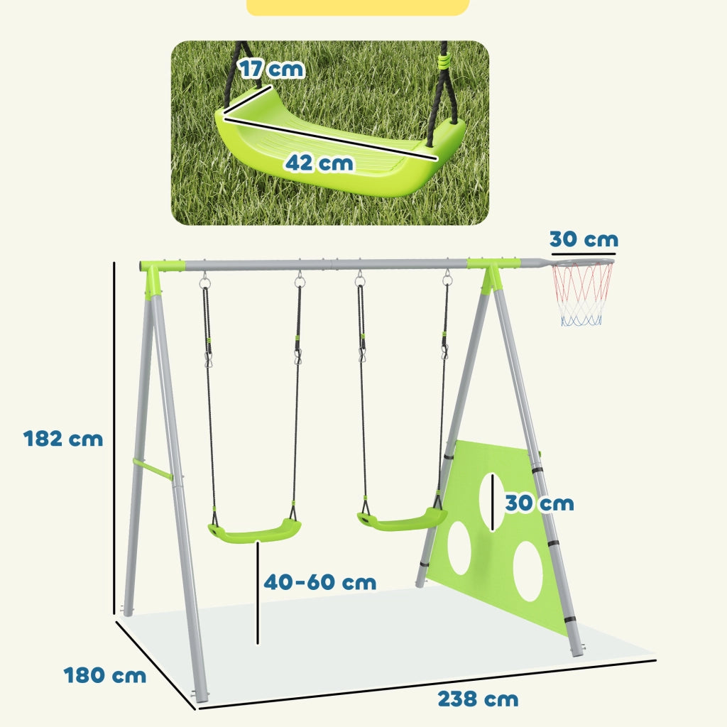 Gioco per Bambini 3 in 1 con Altalena da Giardino, Canestro e Porta da Calcio, 238x180x182 cm,, Verde e Grigio