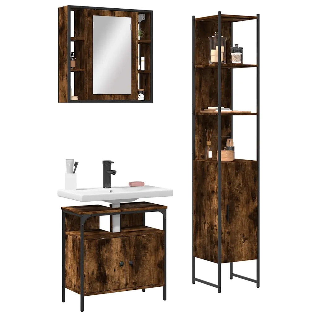 Set Mobili da Bagno | Armadio da bagno 3 pz Rovere Fumo in Legno Multistrato