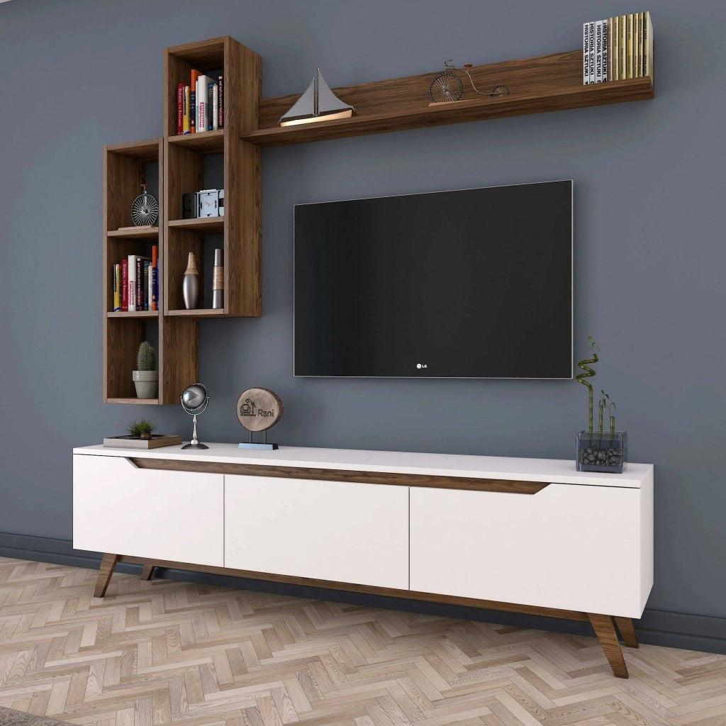Parete attrezzata Atax, Composizione soggiorno, Mobile salotto multiuso, Armadio porta TV, 180x35h49 cm, Bianco e Noce