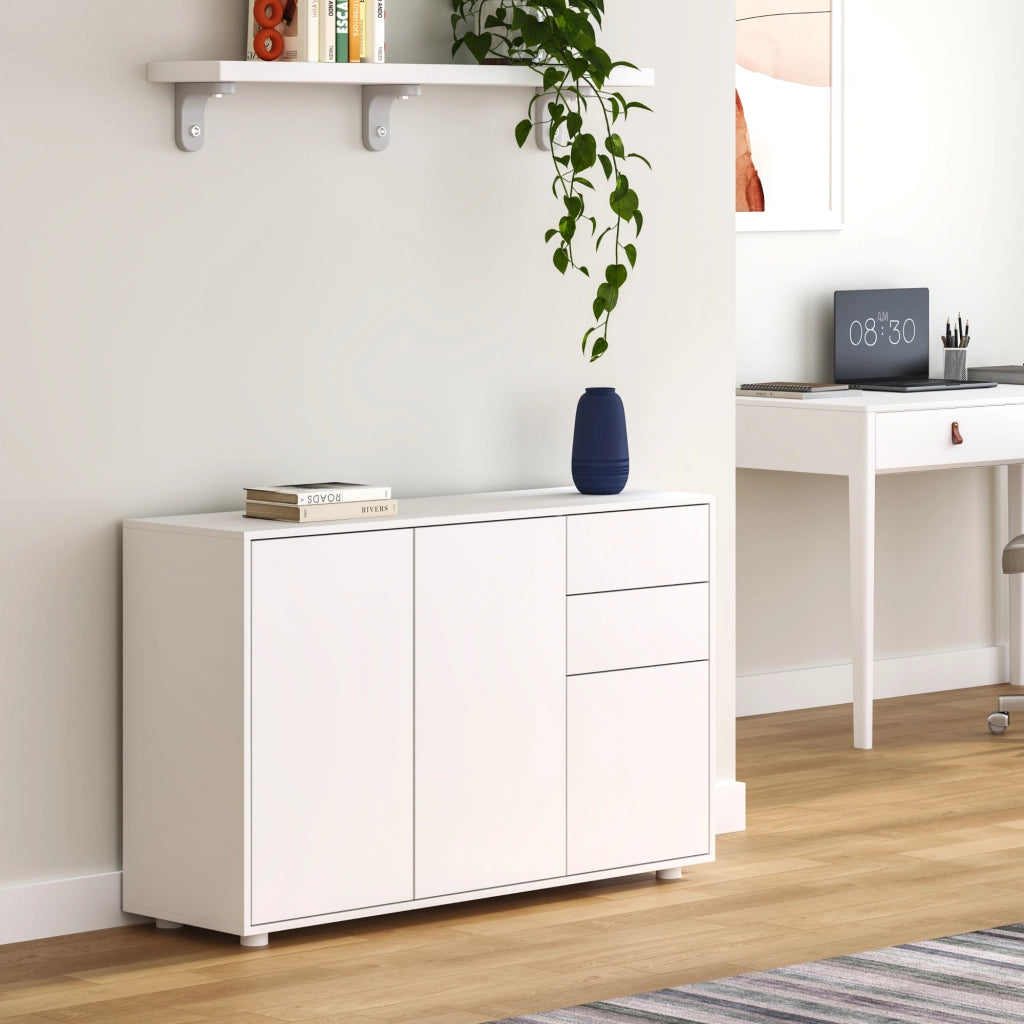 Credenza Paarl Comò con 3 Ante e 2 Cassetti 74x117x36 cm - Bianco Opaco [en.casa]
