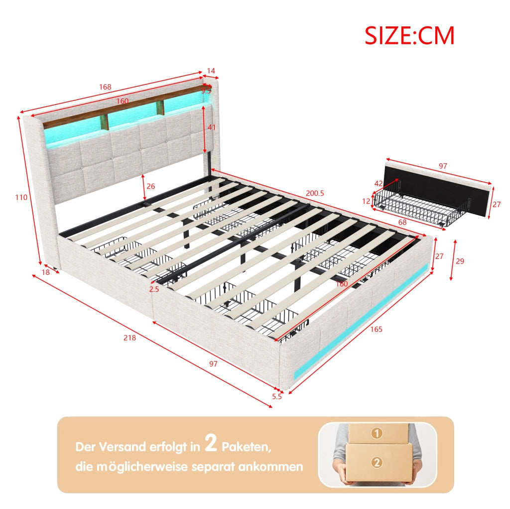 Letto con contenitori estraibili laterali e LED; legno massello e MDF; beige
