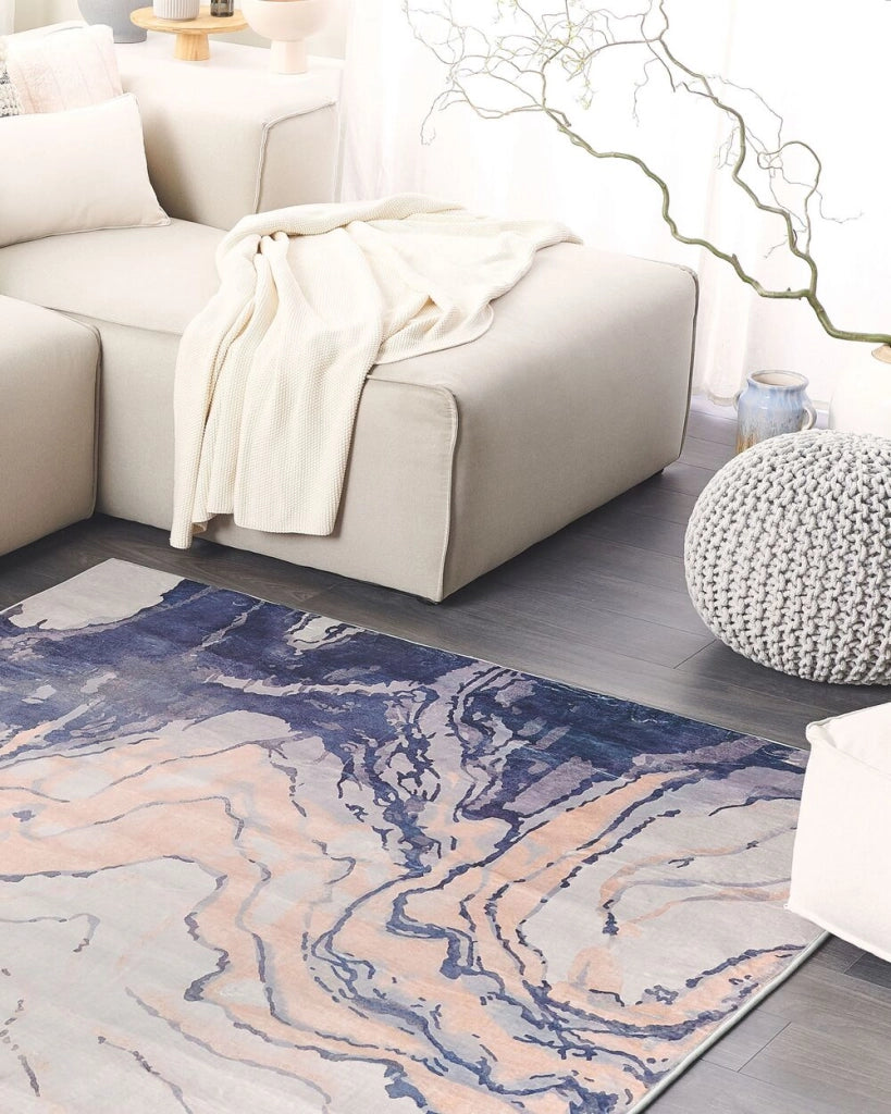 Tappeto tappetino Moquette Tessuto in poliestere beige e blu Motivo astratto Fondo rivestito in gomma 160 x 230 cm