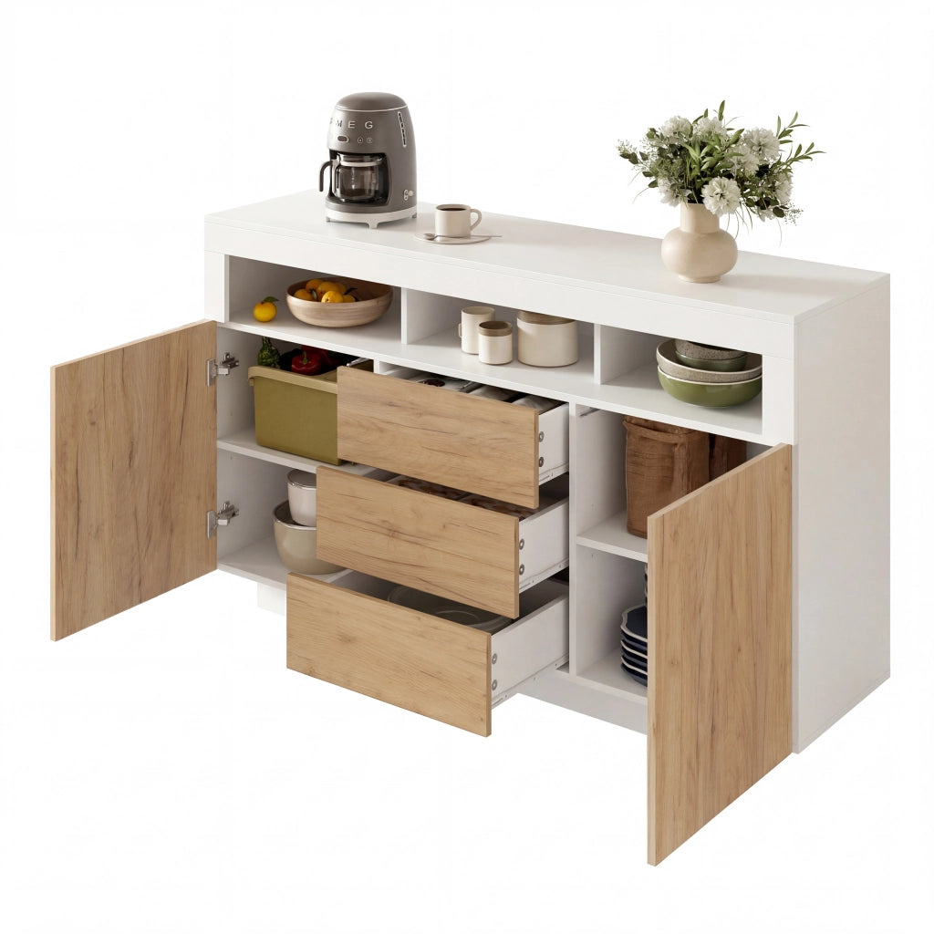 Credenza moderna con 3 cassetti, 2 ante e 3 ripiani aperti, colore bianco e naturale, 140 ¡Á 40 ¡Á 85 cm
