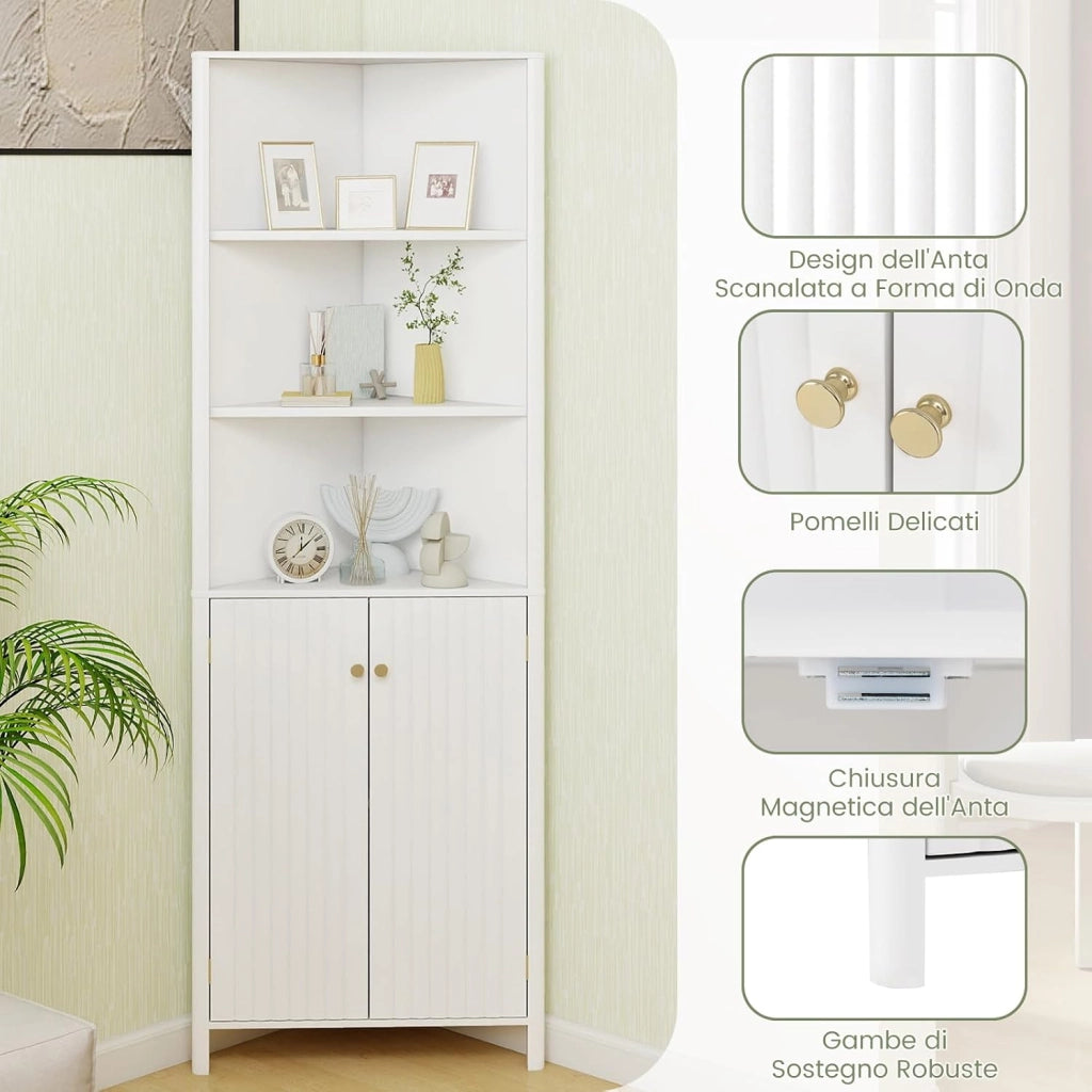 Mobile da Bagno Alto, Mobiletto d’Angolo a 5 Livelli con 2 Ante, 3 Scomparti Aperti e Ripiano Regolabile, per Soggiorno, Cucina e Lavanderia, 32 x 58 x 172,5 cm (Bianco)