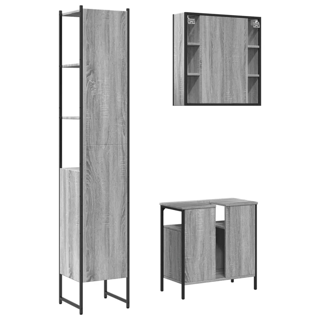 Set Mobili da Bagno | Armadio da bagno 3 pz Grigio Sonoma in Legno Multistrato