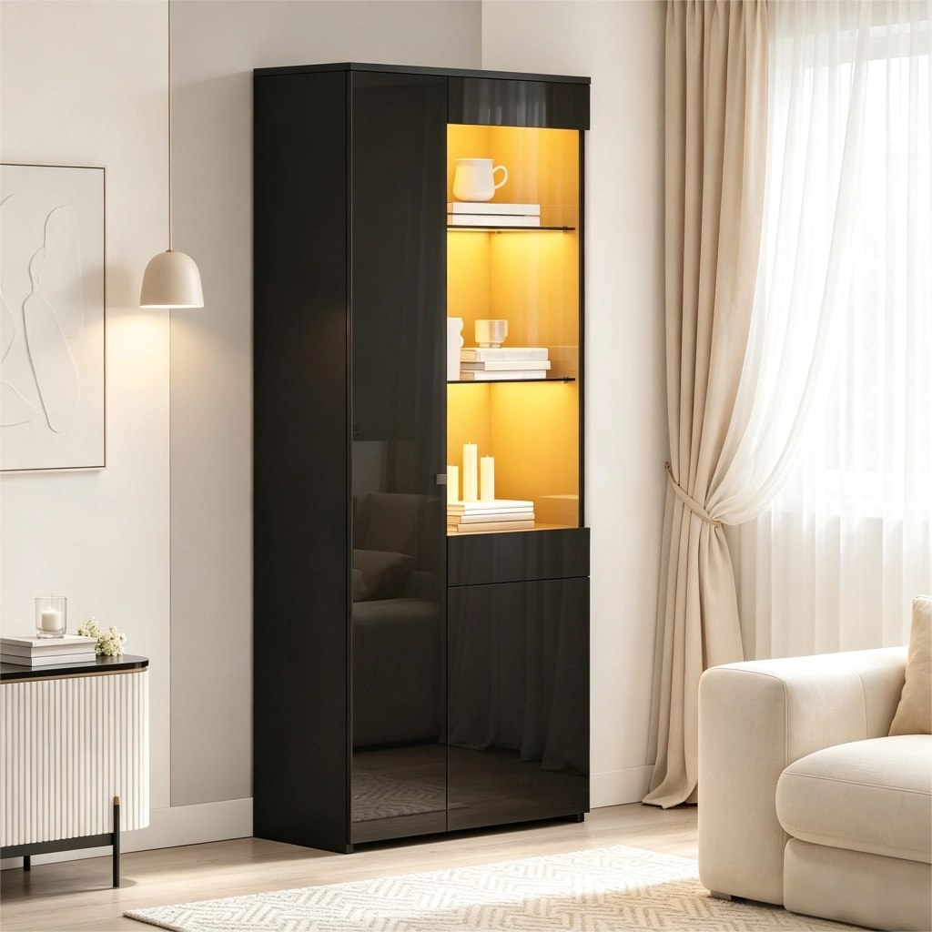 Vetrina alta 70 x 35 x 180 cm con 2 ante, cassetto, LED e finitura nero lucido