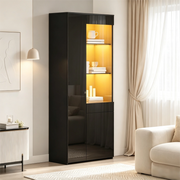 Vetrina alta 70 x 35 x 180 cm con 2 ante, cassetto, LED e finitura nero lucido