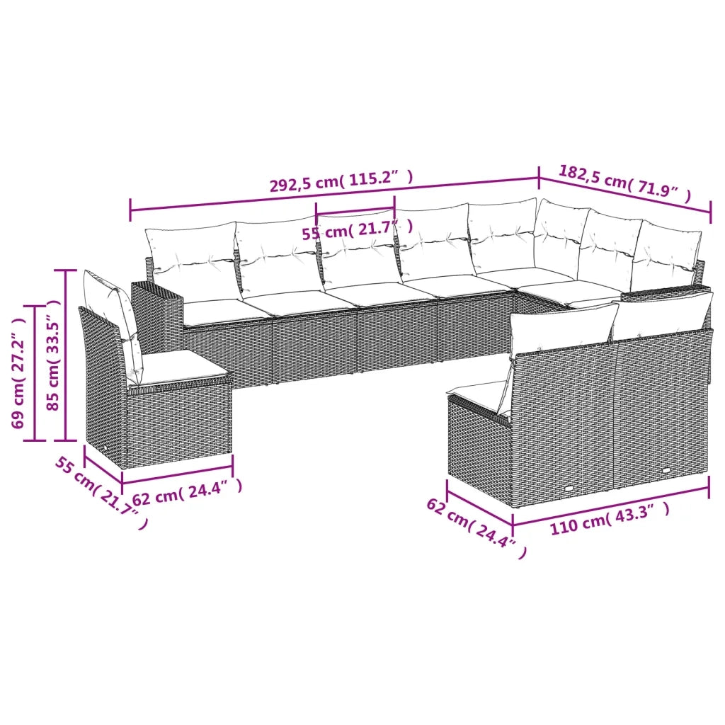 Set Divano Giardino 10 pz con Cuscini Grigio Chiaro Polyrattan
