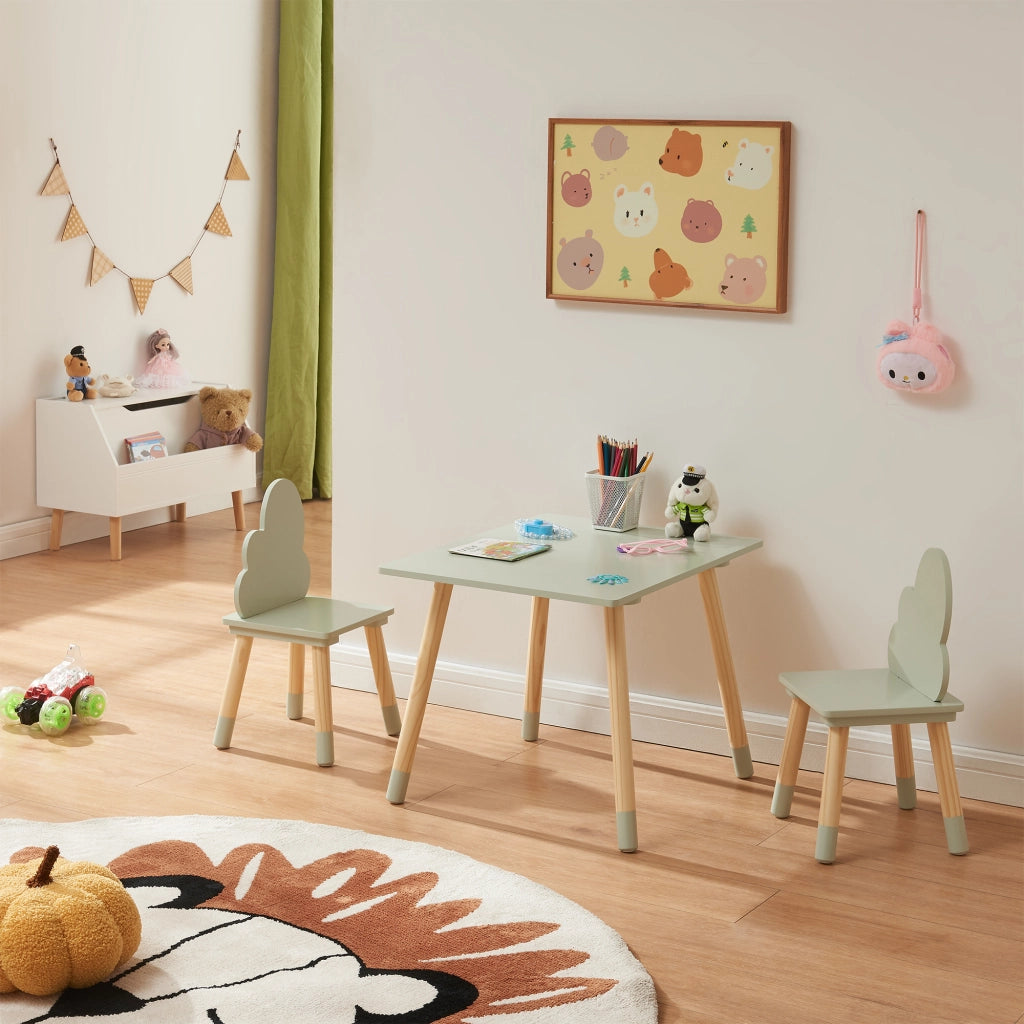 Set di 3 Mobili per Cameretta Hovle Tavolino e 2 Sedie - Verde Menta / Naturale [en.casa]