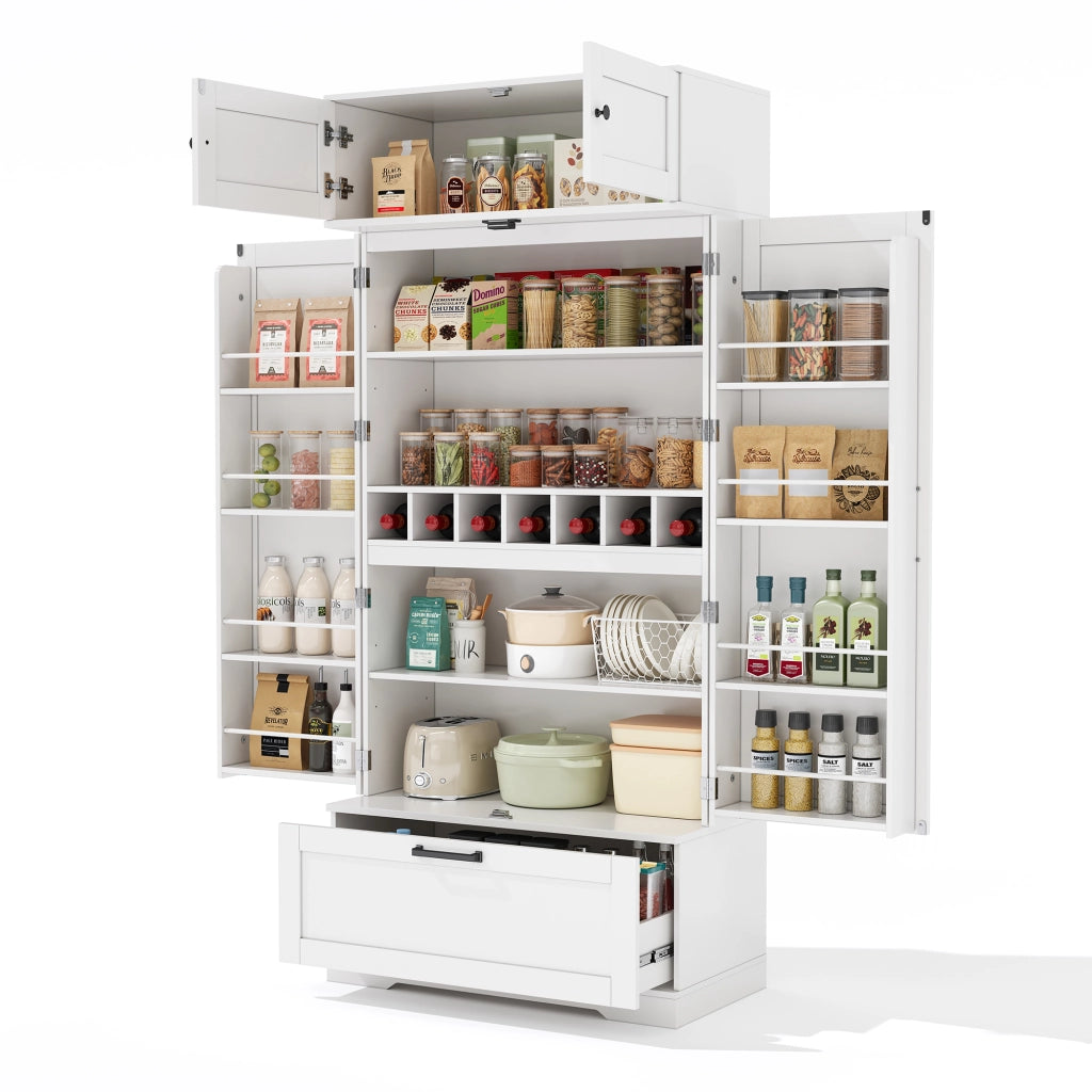 Credenza cucina freestanding 80x40x180 cm con cassetto, ripiani regolabili e portabottiglie, bianca