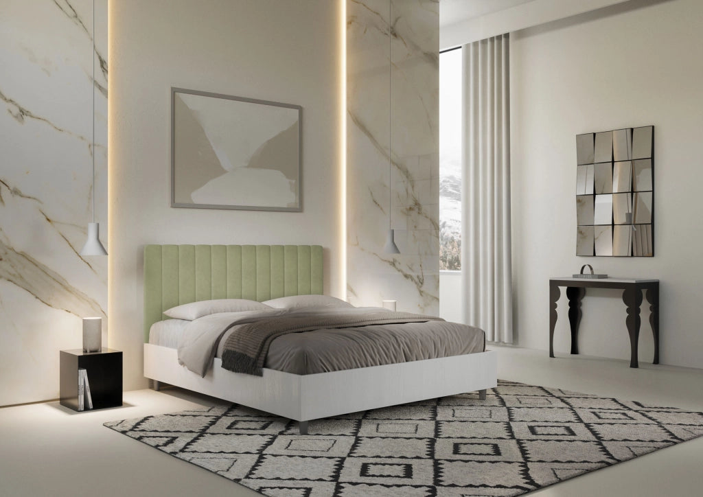 BS COM Letto matrimoniale senza rete 160x200 bianco frassino testata microfibra tè verde