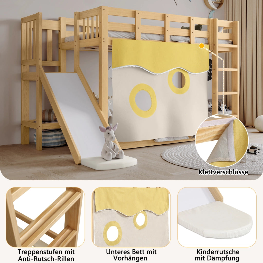Letto a Castello 90x200 cm; 2 Posti; Scala; Sponde; Rampa e Tende; in Legno Naturale