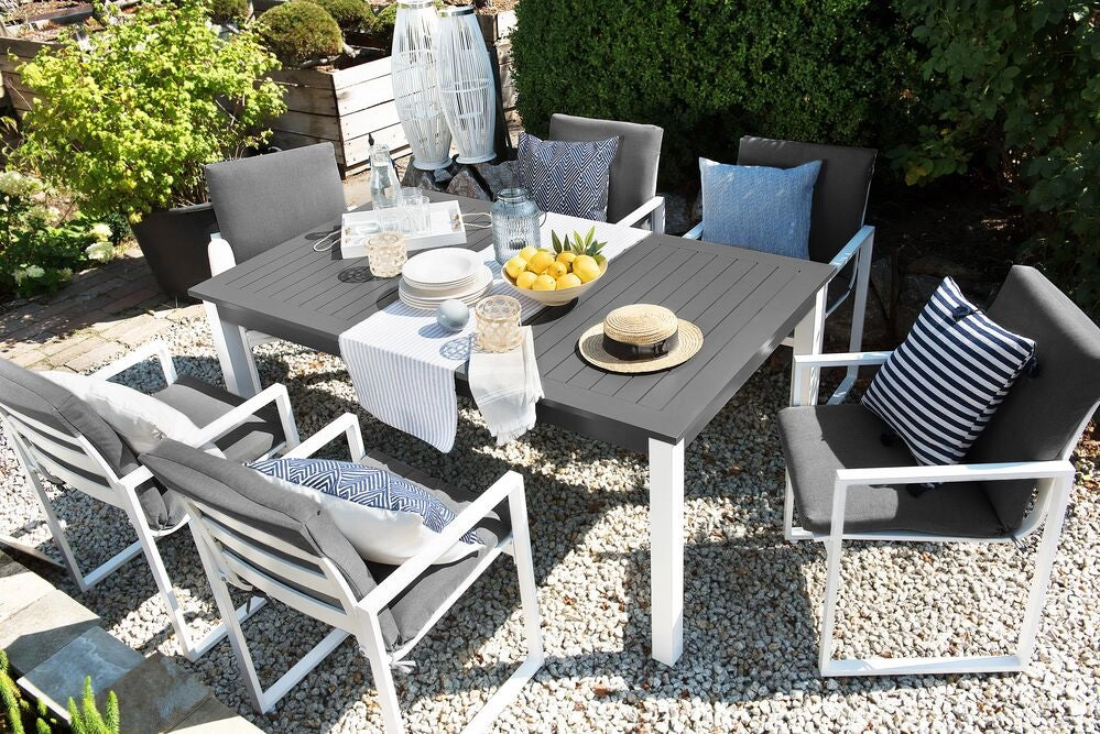 Set da pranzo da giardino in 7 pezzi Tavolo allungabile in alluminio bianco e 6 sedie con cuscini grigi