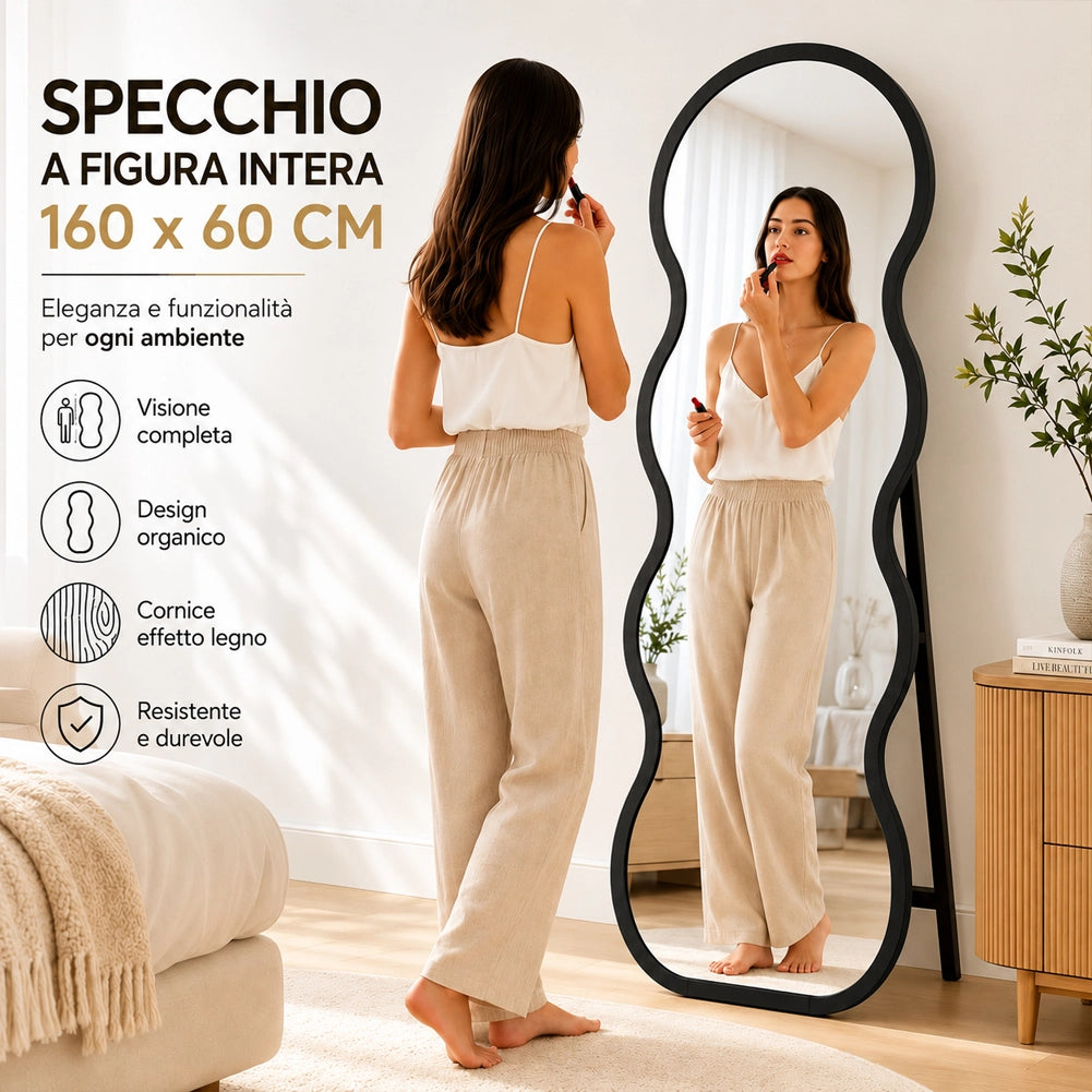 Specchio Ondulato Nero Autoportante Struttura in Legno Design Moderno 160x60cm