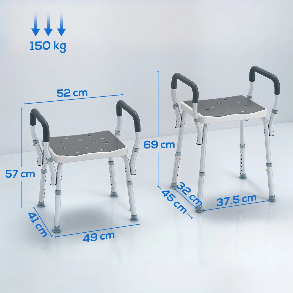 Sgabello per Doccia Regolabile 52x45x57-69 cm con Braccioli e Fori di Drenaggio in Alluminio Grigio