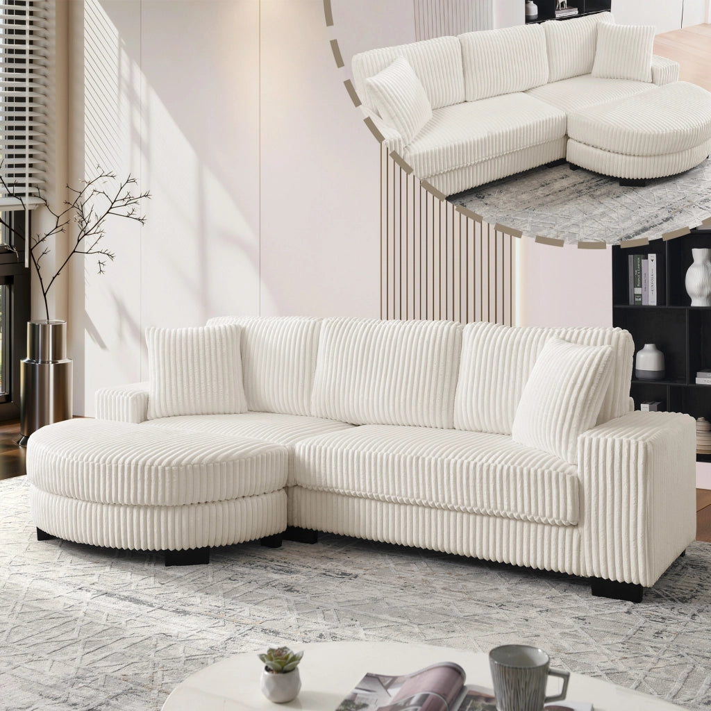 Divano Angolare 4 Posti con Poggiapiedi ¨C MINIMAL ¨C Velluto a Coste Beige, 256x134x89 cm