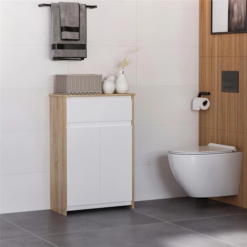 MOBILE BAGNO MULTIUSO CON ARMADIETTO E CASSETTO 60X30X90CM COLOR LEGNO E BIANCO