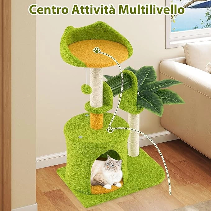 Albero per Gatti da Interno, Albero Tiragraffi con Foglie Artificiali, Condominio, Trespolo, Tiragraffi in Sisal, Autopulente e Pompon in Peluche, Tiragraffi per Gatti a Tema di Foresta