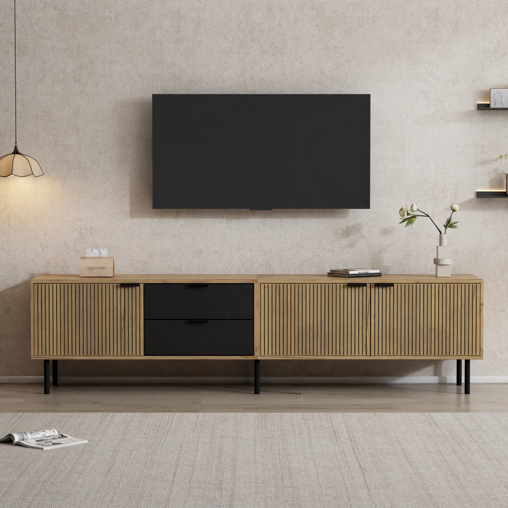 Cassettiera per TV nera e naturale in truciolare lunga 208 cm