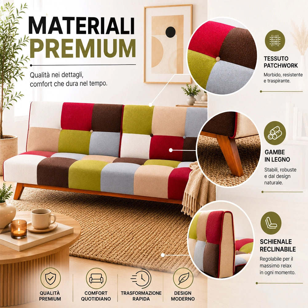 Divano Letto in Tessuto Patchwork Imbottito Gambe in Legno Schienale Reclinabile