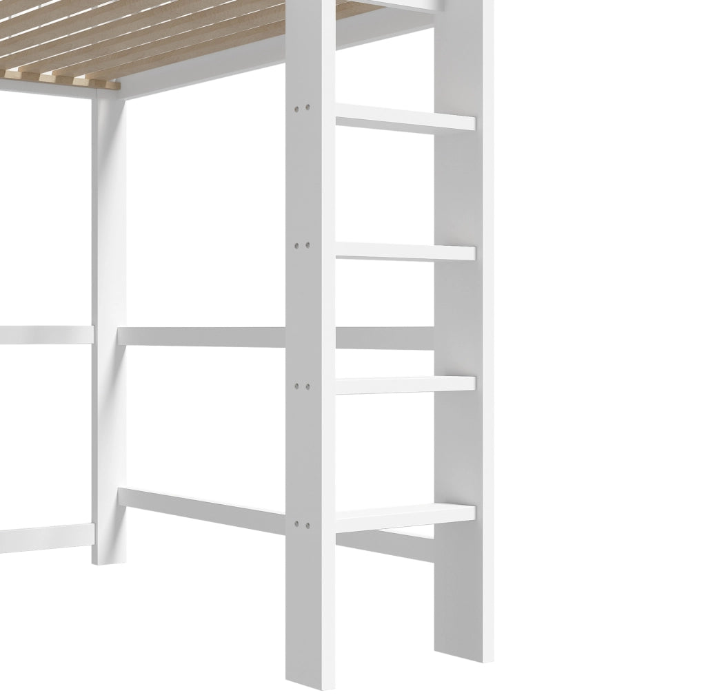 Letto a soppalco 140x200 cm in legno di pino e MDF; bianco; con scrivania; scala e cassetti
