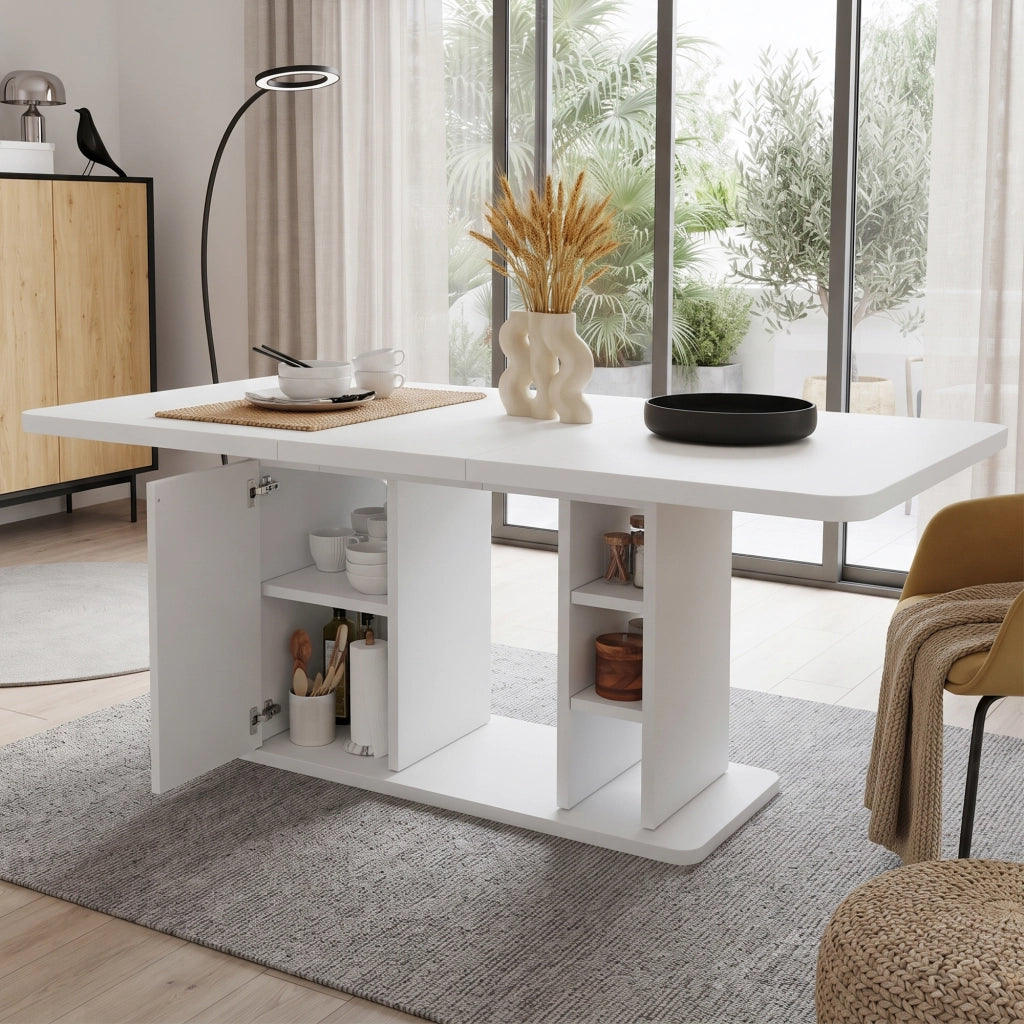 Tavolo da pranzo allungabile 140/180 x 80 cm con vano contenitore, bianco, MDF